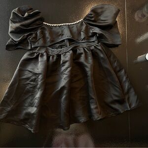 ❌ SOLD Black Puff-Sleeve Satin Babydoll Cupcake Dress with Crystal Trim